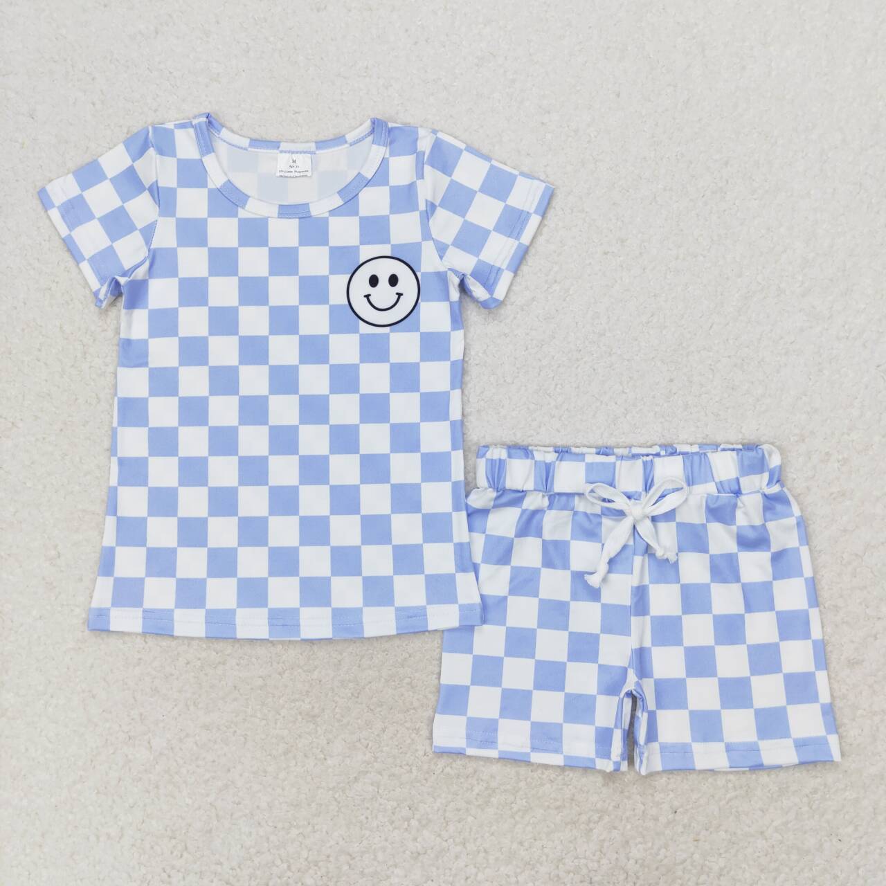 BSSO0974 Smiling Face Top Blue Plaid Shorts Boys Summer Clothes Set