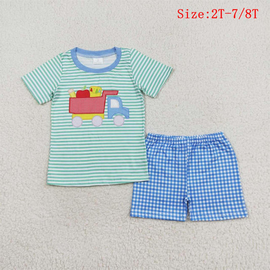BSSO0978 Construction Pen Apple Top Plaid Shorts Boys Back to School Clothes Set