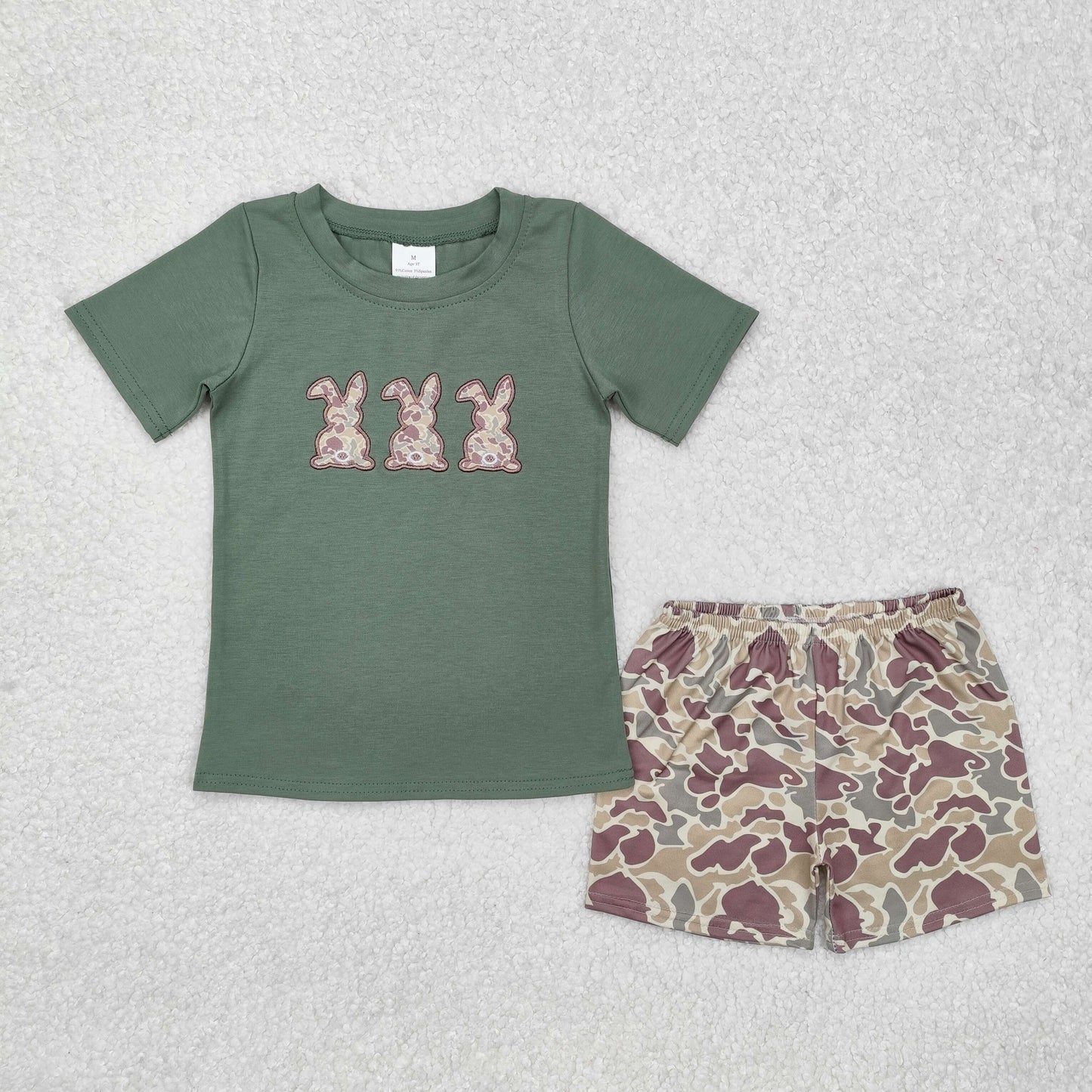 BSSO1004 Bunny Embroidery Green Top Camo Shorts Boys Easter Clothes Set