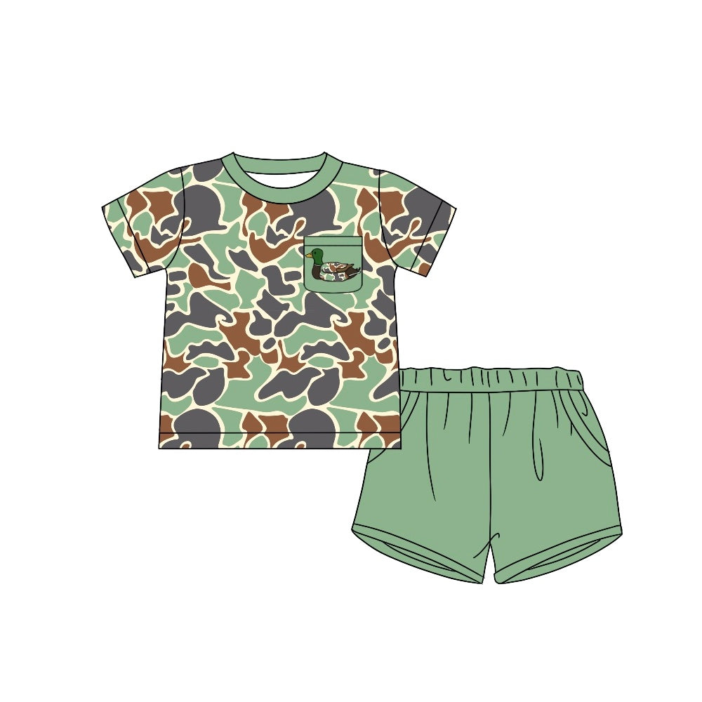 (Pre-order)BSSO1014 Duck Green Camo Pocket Top Shorts Boys Summer Hunting Clothes Set