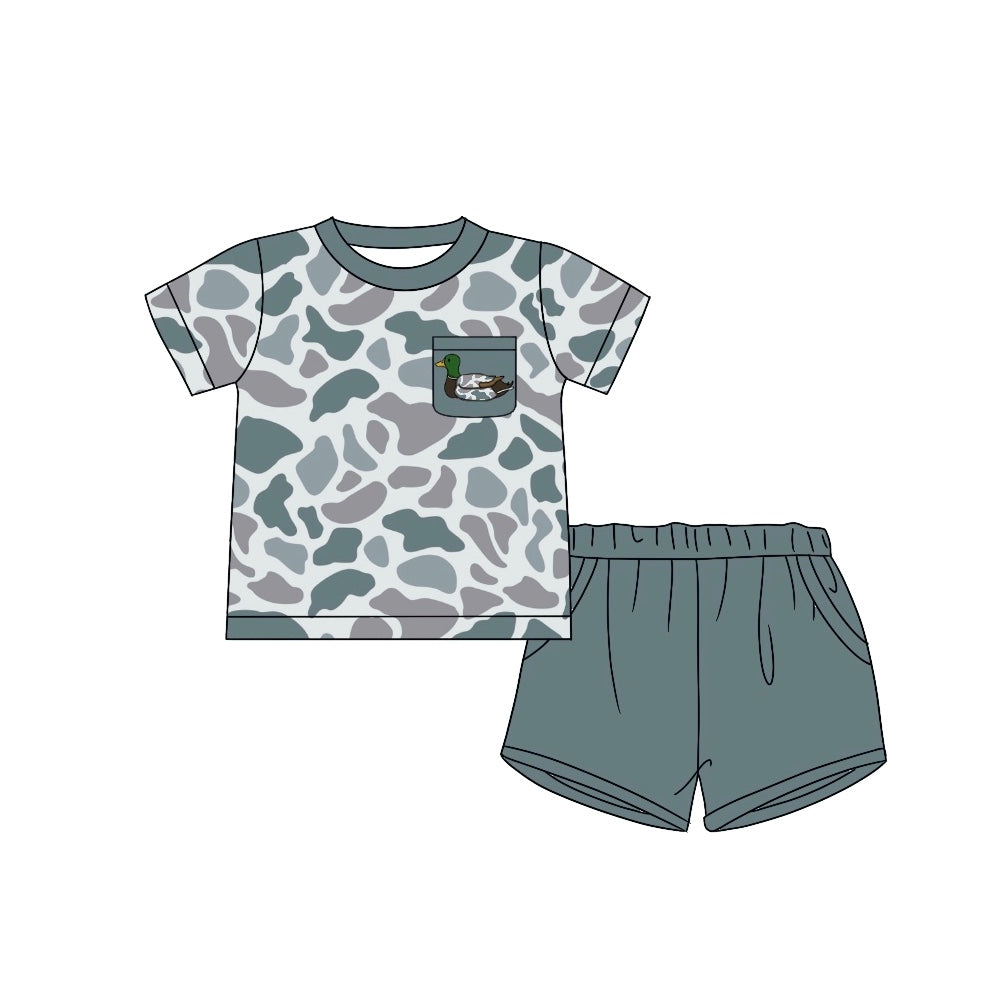 (Pre-order)BSSO1017 Duck Grey Camo Pocket Top Shorts Boys Summer Hunting Clothes Set