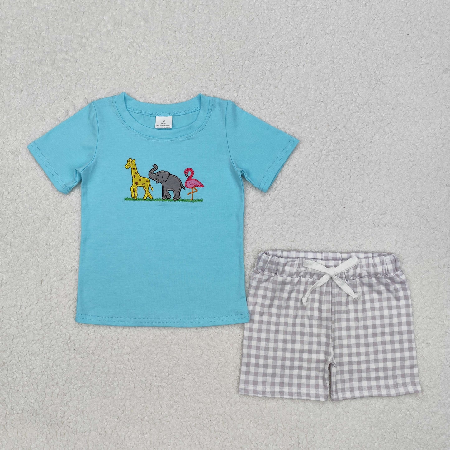 BSSO1019 Animals Embroidery Blue Top Plaid Shorts Boys Summer Clothes Set