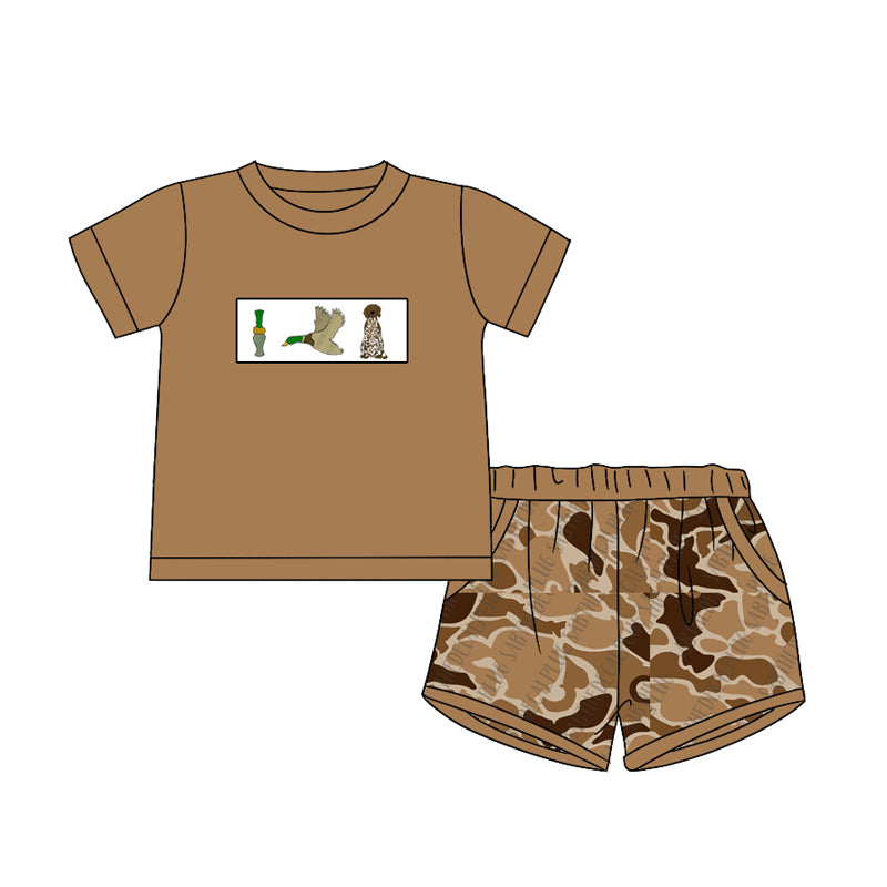 (Pre-order)BSSO1020 Duck Dog Brown Top Camo Shorts Boys Summer Clothes Set