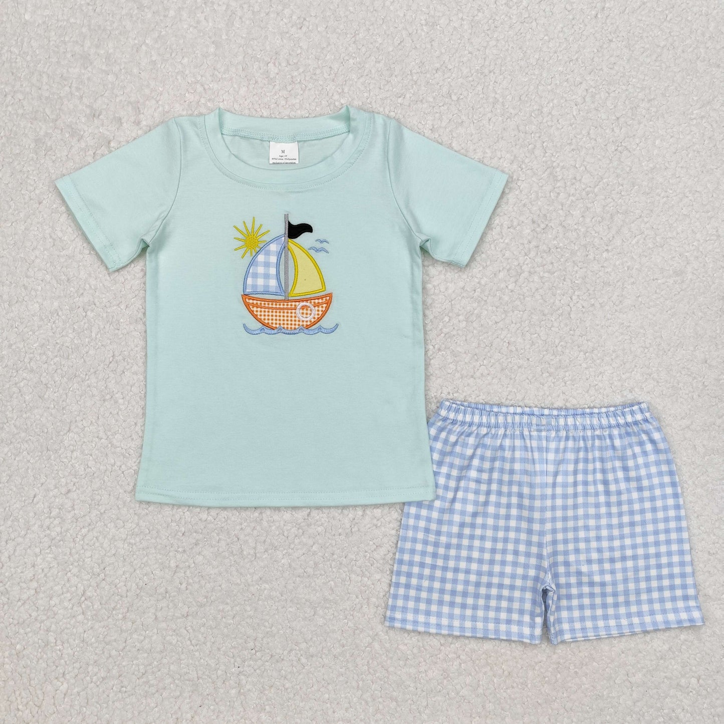 BSSO1048 Sailboat Embroidery Top Plaid Shorts Boys Summer Clothes Set