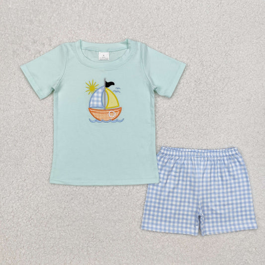 BSSO1048 Sailboat Embroidery Top Plaid Shorts Boys Summer Clothes Set
