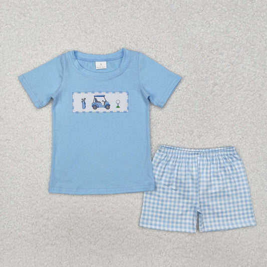BSSO1052 Golf Embroidery Blue Top Plaid Shorts Boys Summer Clothes Set