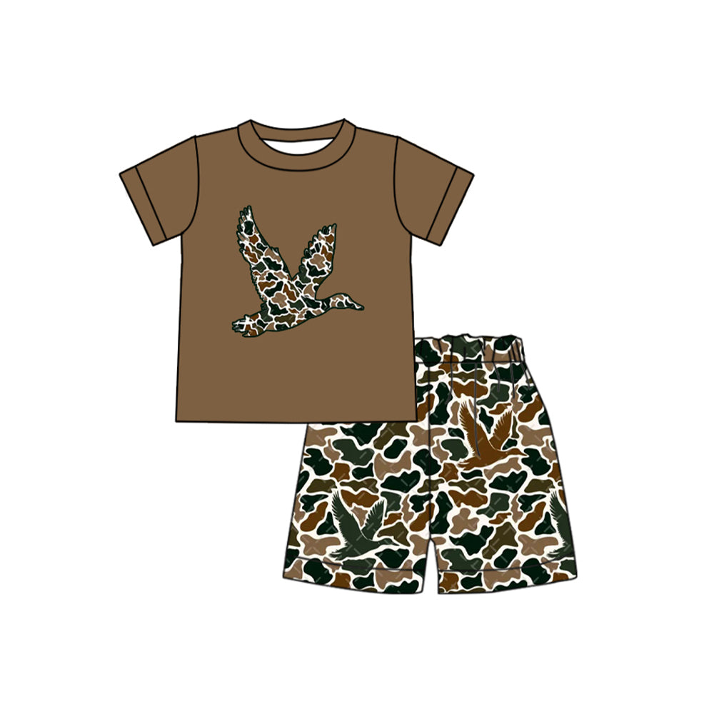 (Pre-order)BSSO1054 Duck Brown Top Camo Shorts Boys Summer Clothes Set