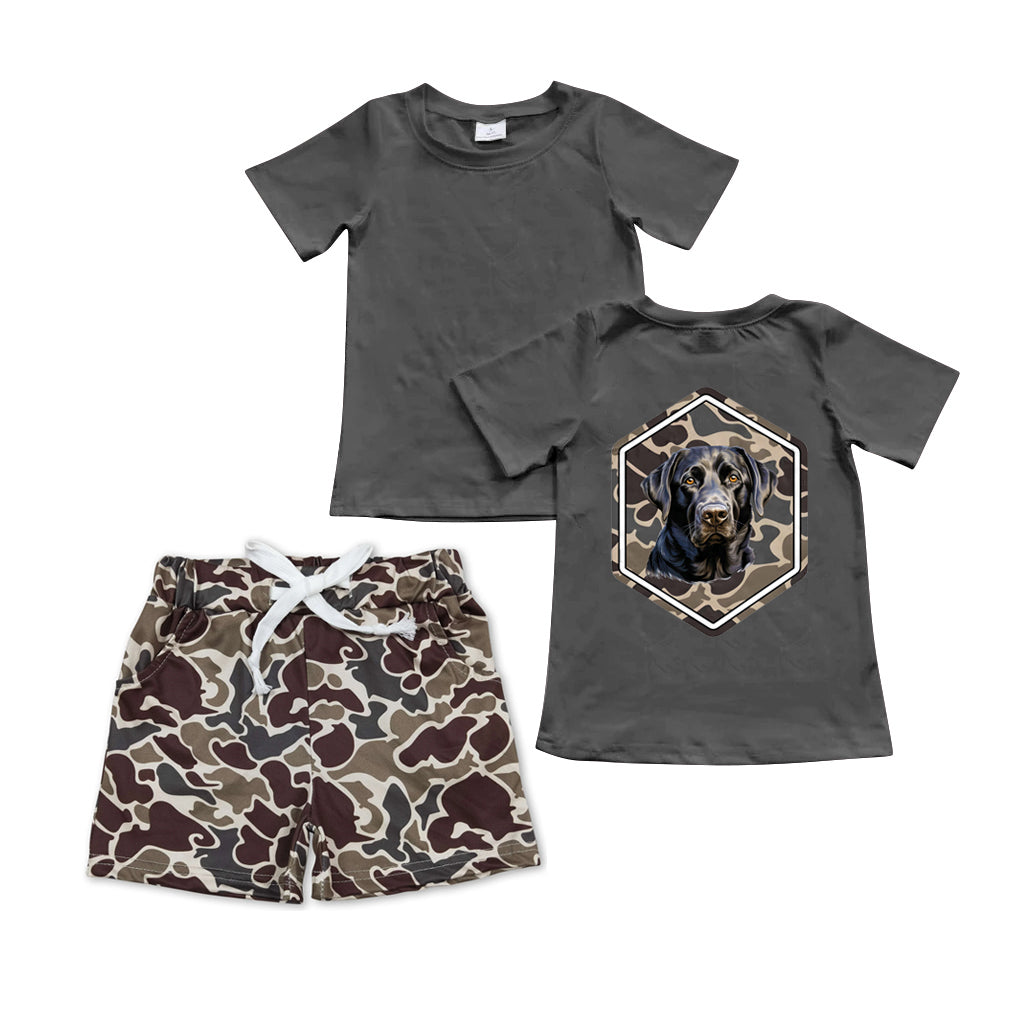 (Pre-order)BSSO1062 Dog Grey Top Camo Shorts Boys Summer Clothes Set