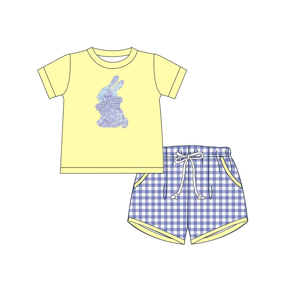 (Pre-order)BSSO1069 Bunny Yellow Top Plaid Shorts Boys Easter Clothes Set