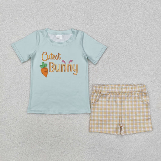 BSSO1073 Cutest Bunny Top Plaid Shorts Boys Easter Clothes Set
