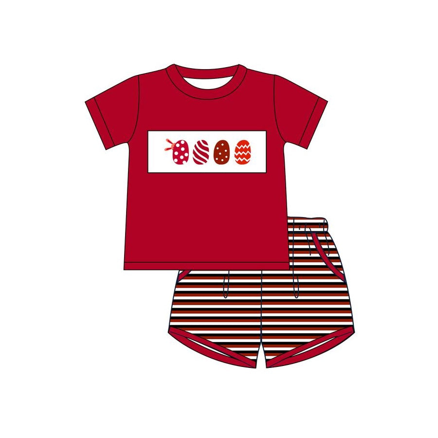 (Pre-order)BSSO1075 Eggs Red Top Stripes Shorts Boys Easter Clothes Set