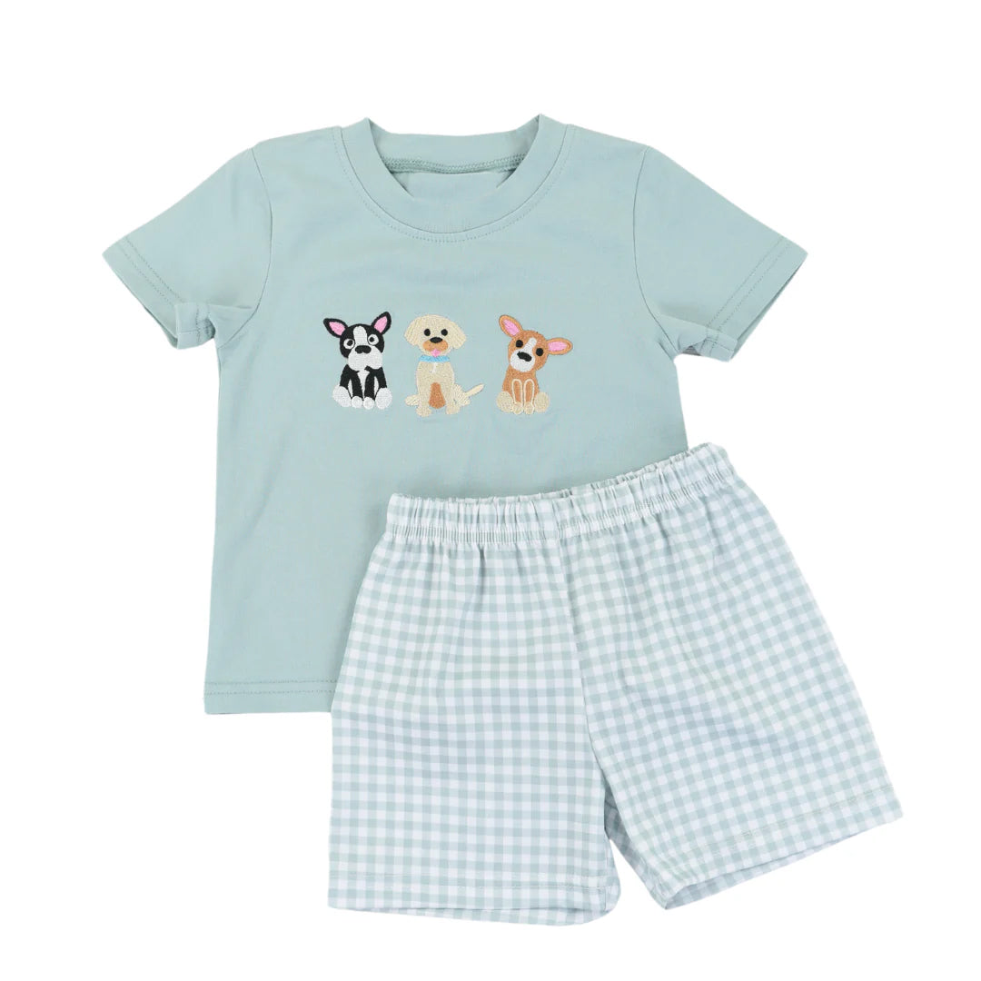 (Pre-order)BSSO1076 Dogs Top Plaid Shorts Boys Summer Clothes Set