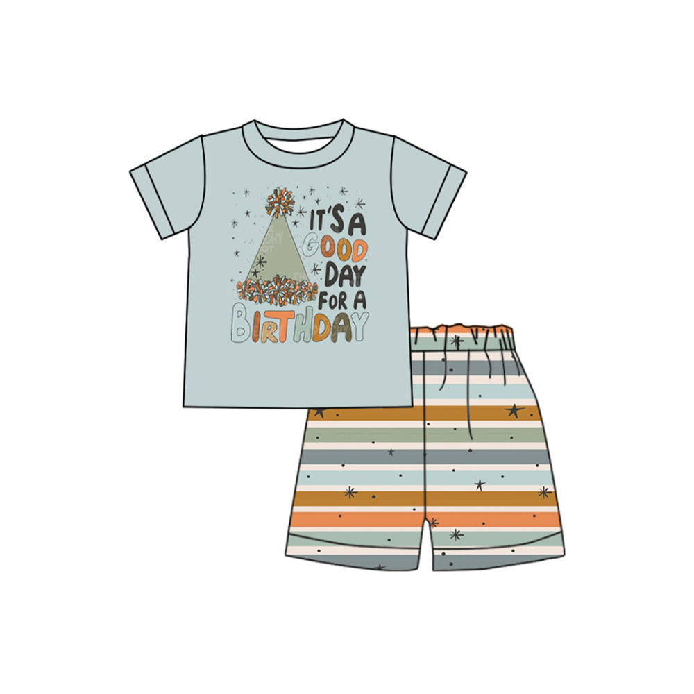 (Pre-order)BSSO1101 Birthday Top Stripes Shorts Boys Summer Clothes Set