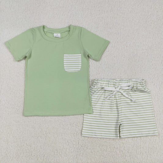 BSSO1103 Green Pocket Top Stripes Shorts Boys Summer Clothes Set