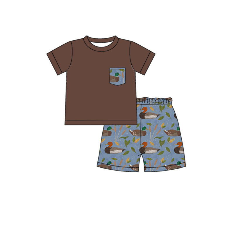 (Pre-order)BSSO1107 Brown Pocket Top Duck Shorts Boys Summer Clothes Set