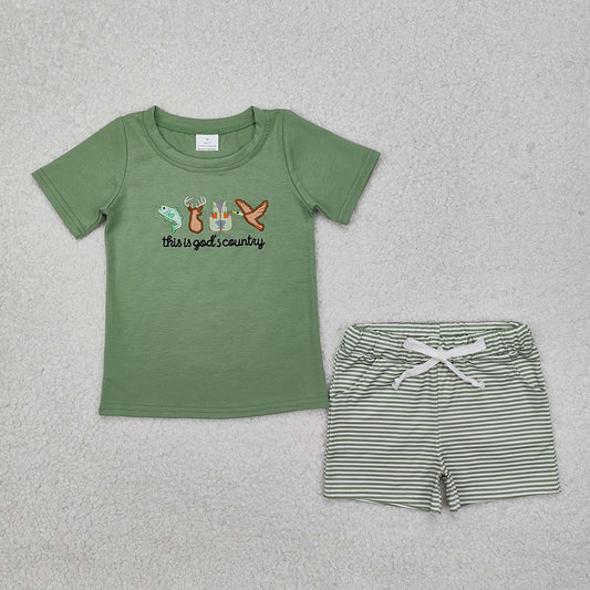 BSSO1108 Fish Deer Duck Embroidery Green Top Stripes Shorts Boys Summer Clothes Set