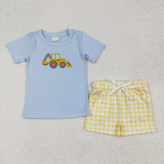 BSSO1117 Construction Trucks Embroidery Light Blue Top Plaid Shorts Boys Summer Clothes Set