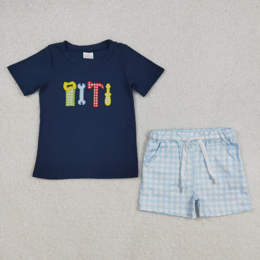 BSSO1118 Tool Embroidery Navy Top Plaid Shorts Boys Summer Clothes Set
