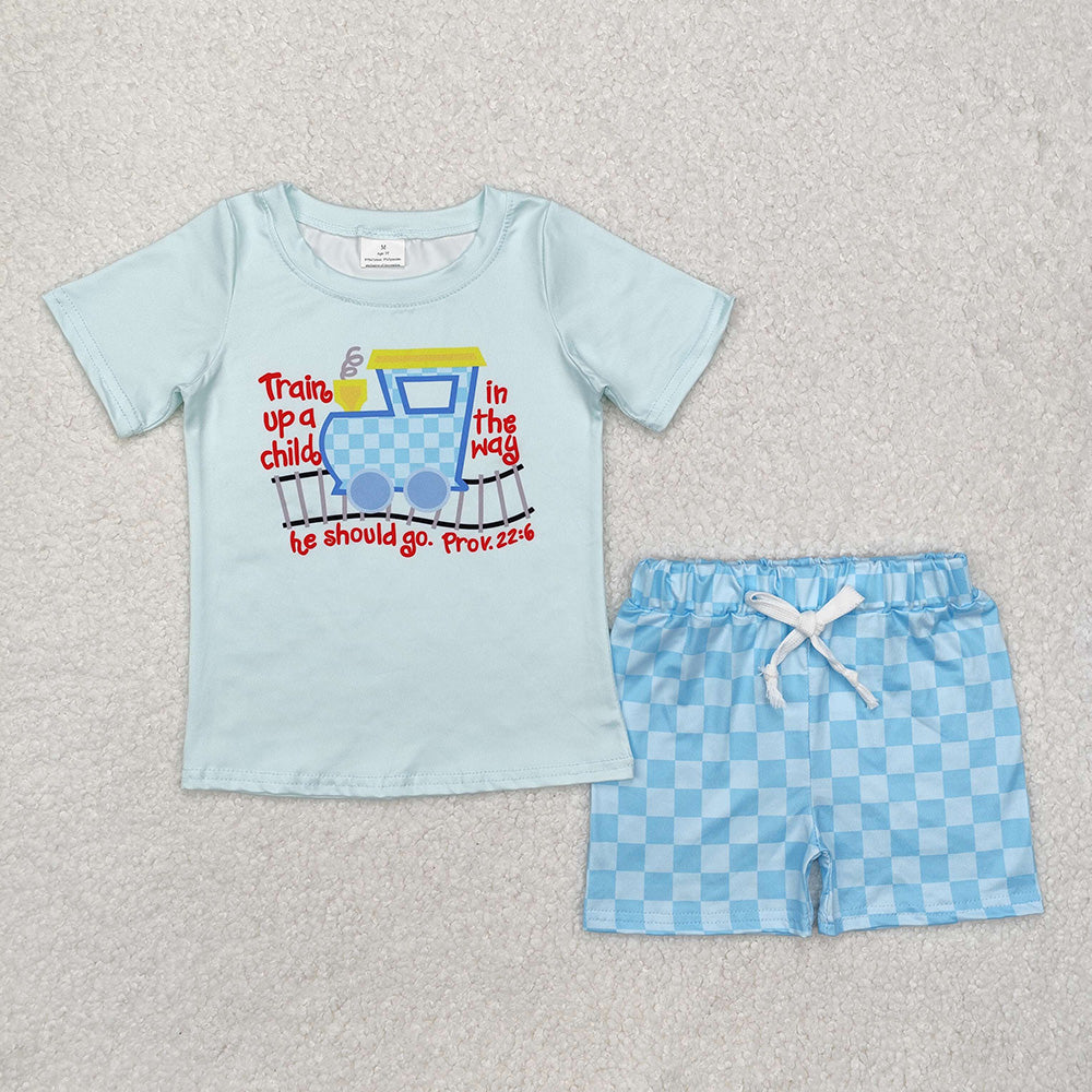 BSSO1128 Train Top Plaid Shorts Boys Summer Clothes Set