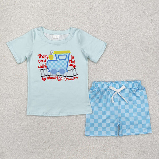 BSSO1128 Train Top Plaid Shorts Boys Summer Clothes Set