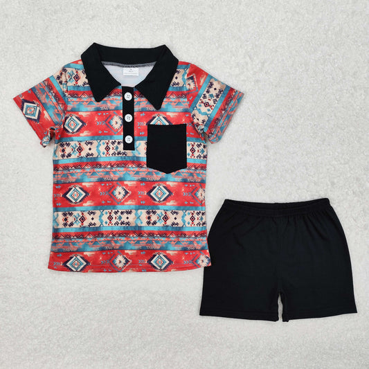 BSSO1140  Red Aztec Western Polo Top Black Shorts Boys Summer Clothes Set