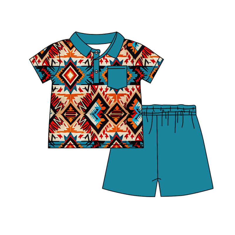 (Pre-order)BSSO1141 Aztec Western Polo Top Blue Shorts Boys Summer Clothes Set