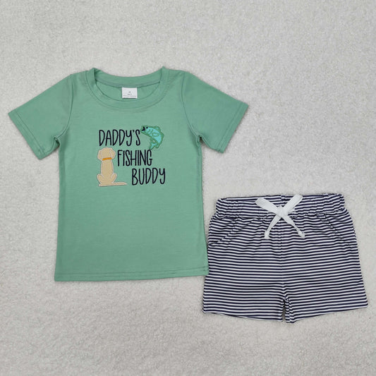 BSSO1147 DADDY'S FISHING BUDDY Embroidery Green Top Stripes Shorts Boys Summer Clothes Set