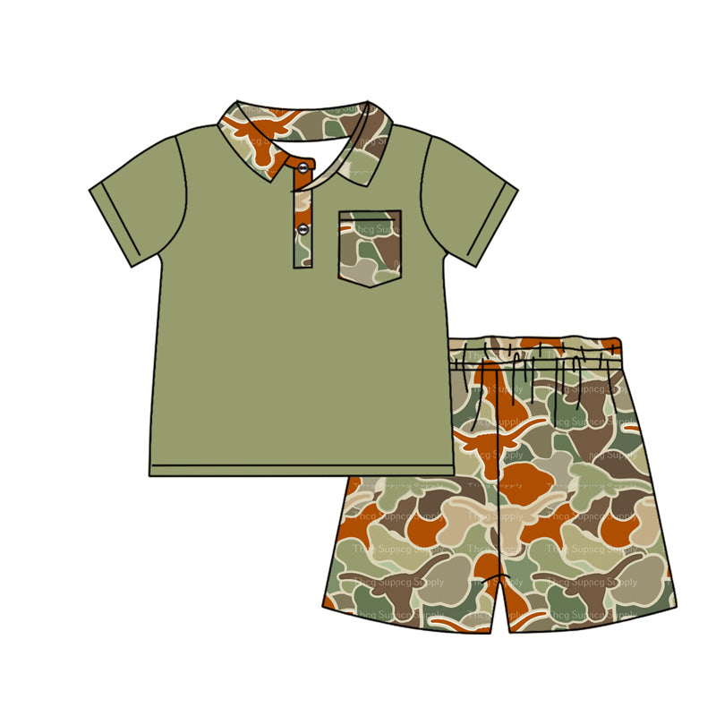 (Pre-order)BSSO1150 Green Polo Top Camo Cows Shorts Boys Summer Clothes Set