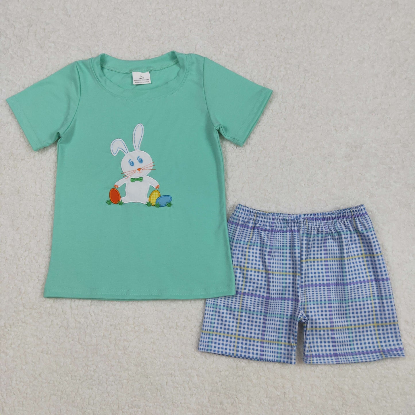 BSSO1185 Bunny Embroidery Green Top Plaid Shorts Boys Easter Clothes Set