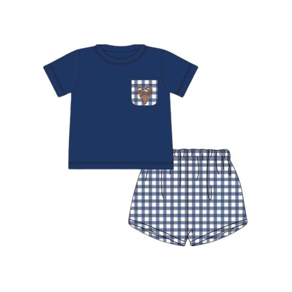(Pre-order)BSSO1191 Navy Deer Pocket Top Plaid Shorts Boys Summer Clothes Set
