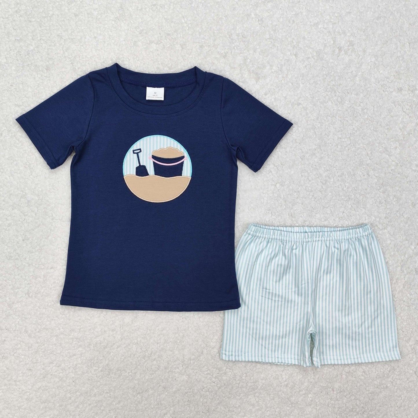 BSSO1193 Beach Embroidery Navy Top Stripes Shorts Boys Summer Clothes Set