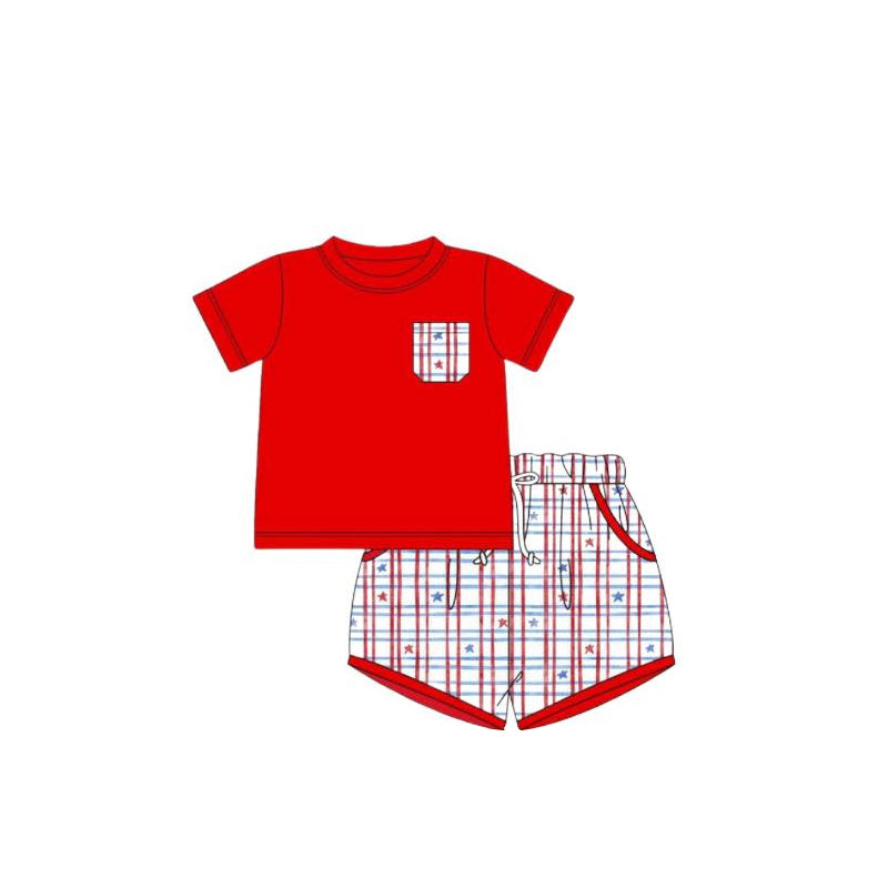 (Pre-order)BSSO1194 Red Pocket Top Stars Plaid Shorts Boys 4th of July Clothes Set