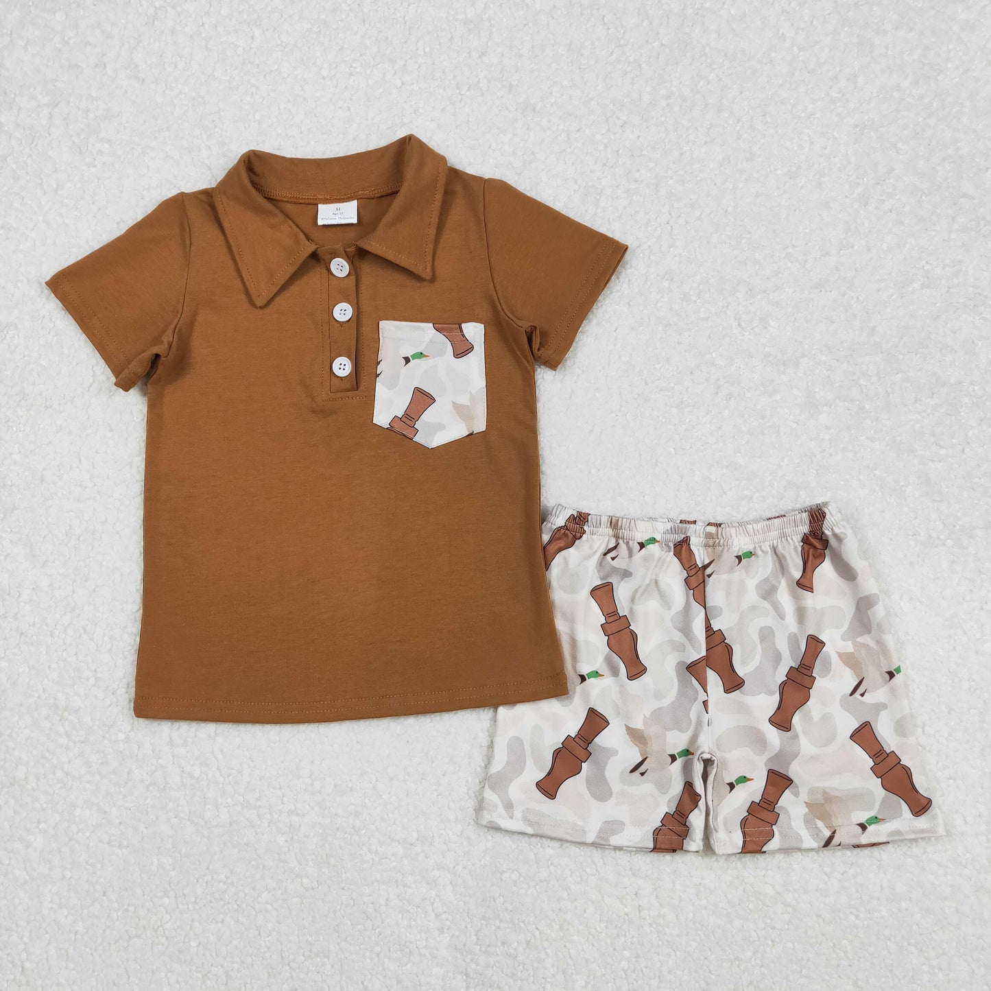 BSSO1206 Brown Pocket Polo Top Duck Call Camo Shorts Boys Summer Clothes Set