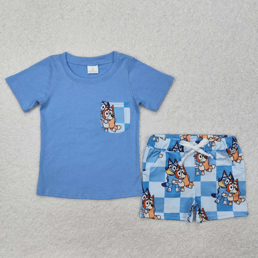 BSSO1211 Blue Pocket Top Cartoon Dog Shorts Boys Summer Clothes Set