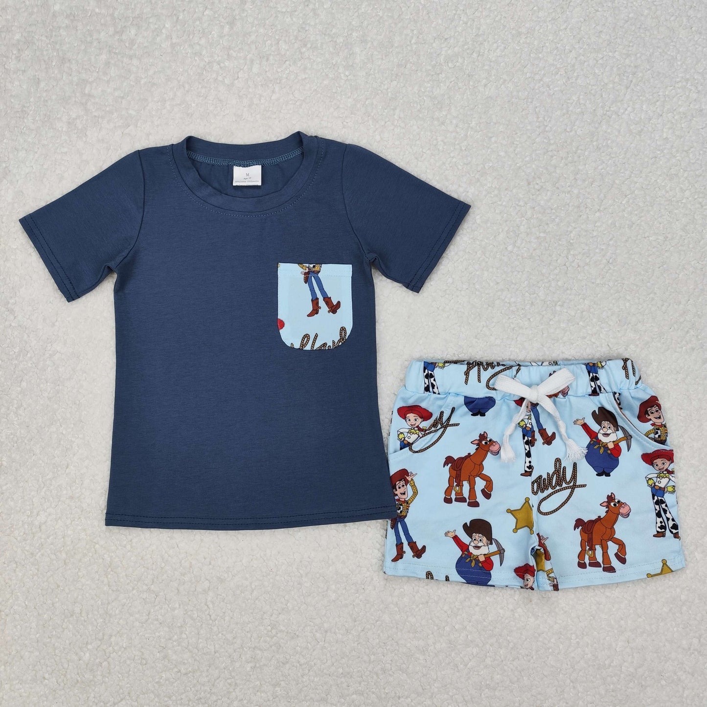 BSSO1213 Navy Pocket Top Cartoon Toys Shorts Boys Summer Clothes Set