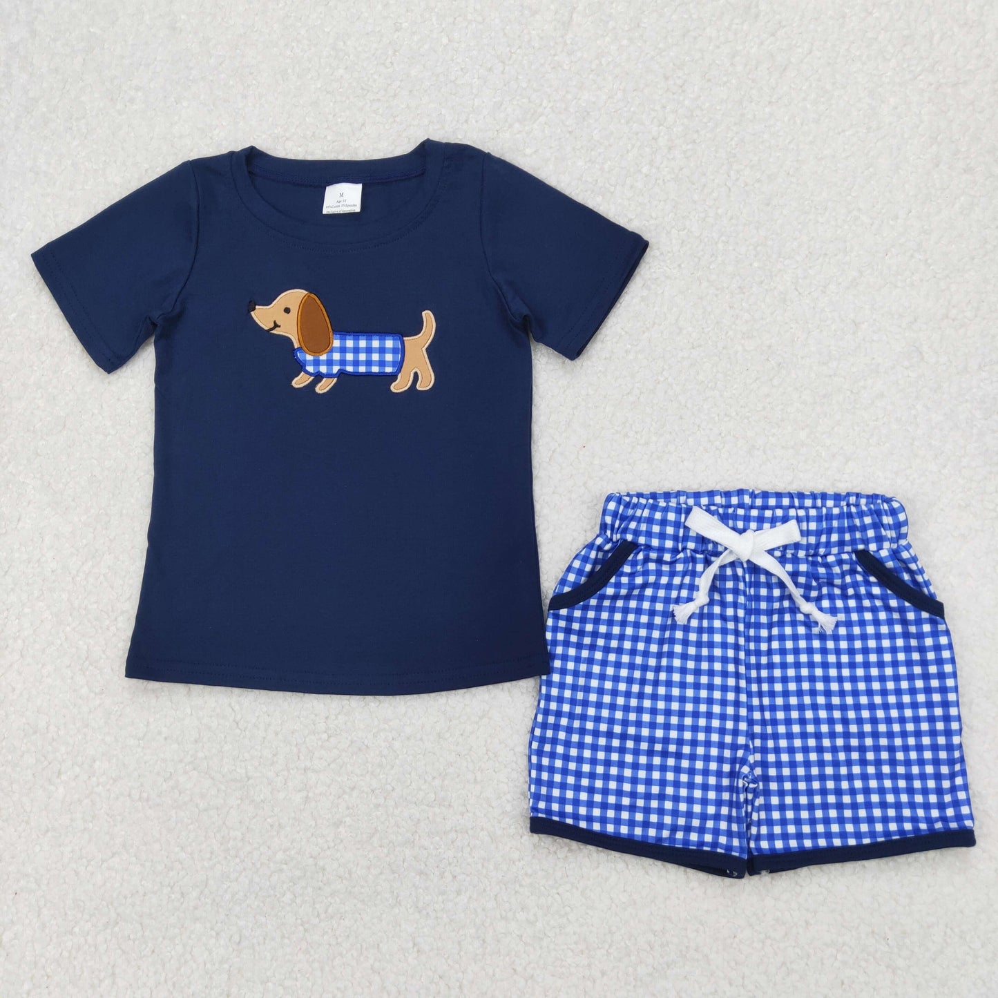 BSSO1227 Dog Embroidery Navy Top Plaid Shorts Boys Summer Clothes Set