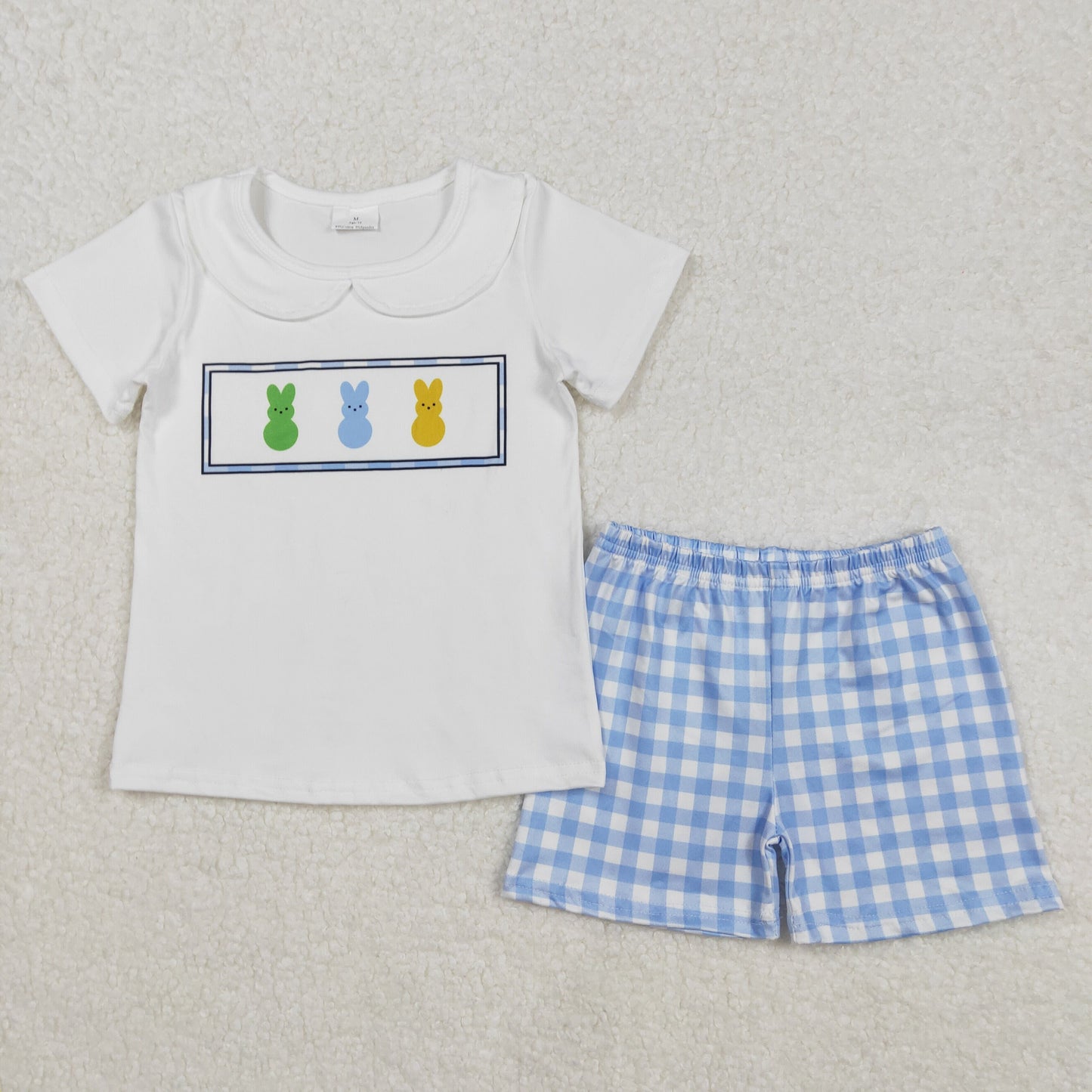 BSSO1243 Bunny White Top Plaid Shorts Boys Easter Clothes Set