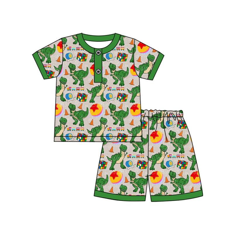 (Pre-order)BSSO1255 Dino Stars Green Print Boys Summer Pajamas Clothes Set