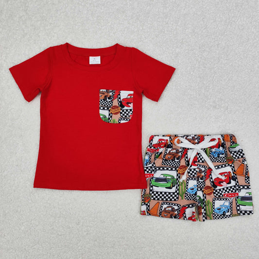 BSSO1256 Red Pocket Top Cartoon Cars Shorts Boys Summer Clothes Set