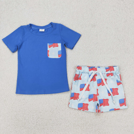 BSSO1258 Blue Pocket Top Flag Shorts Boys 4th of July Clothes Set