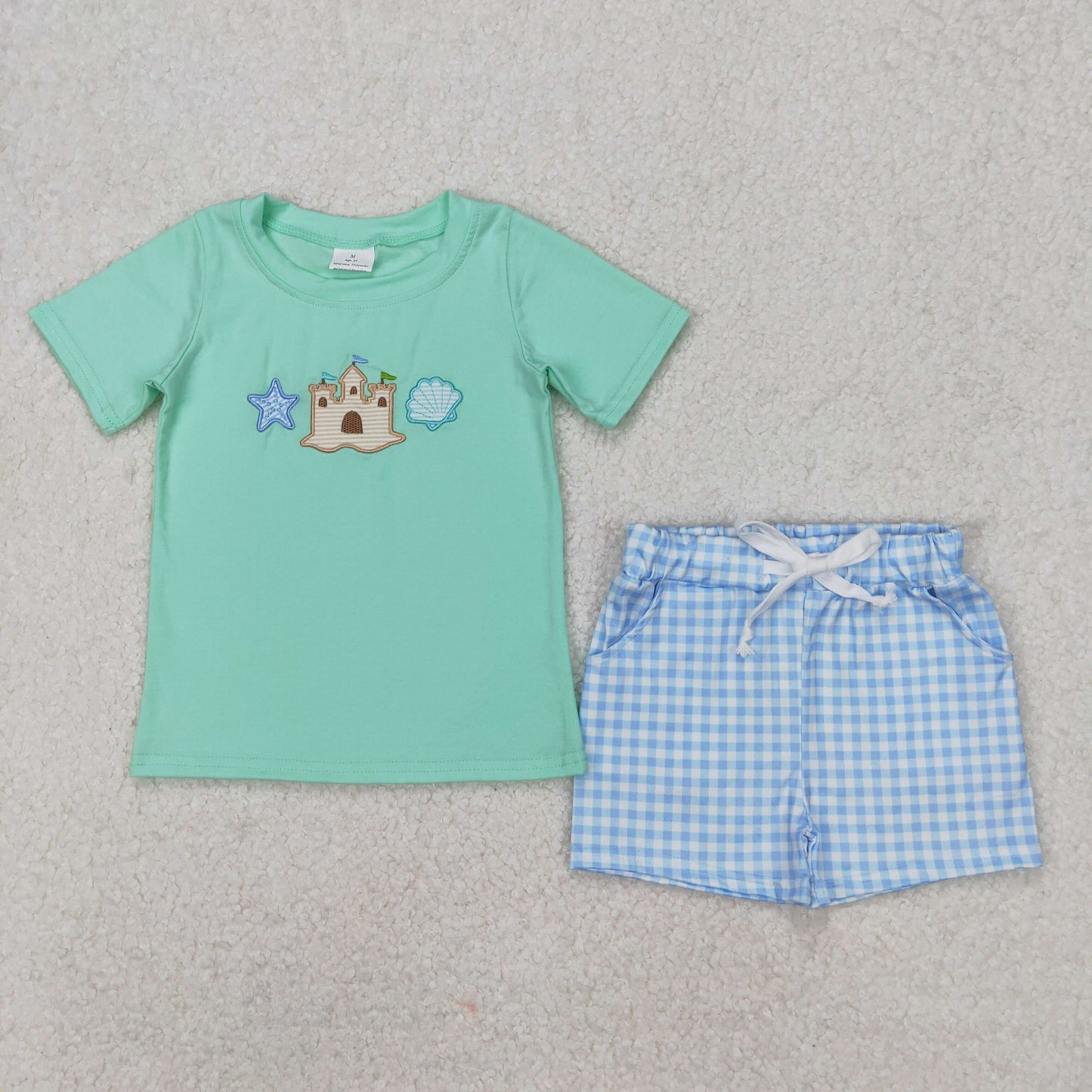 BSSO1266 Castle Shell Embroidery Blue Top Plaid Shorts Boys Summer Clothes Set