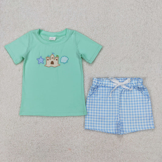 BSSO1266 Castle Shell Embroidery Blue Top Plaid Shorts Boys Summer Clothes Set