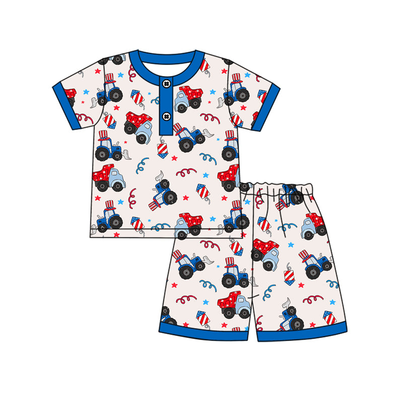(Pre-order)BSSO1274 Construction Stars Print Boys 4th of July Pajamas Clothes Set