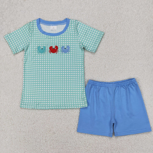 BSSO1279 Crab Embroidery Plaid Top Blue Shorts Boys Summer Clothes Set