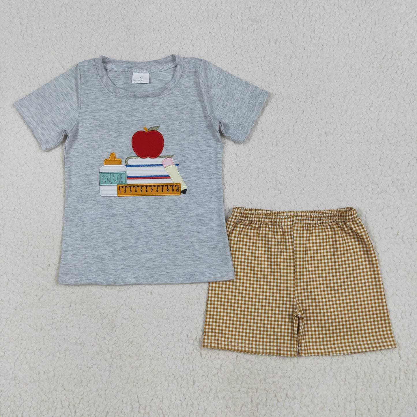 Book Apple Embroidery Top Plaid Shorts Kids Back to School Clothes Set Sibling Wear
