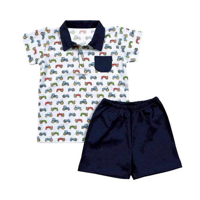 (Pre-order)BSSO1298 Tractors Pocket Polo Top Navy Shorts Boys Summer Clothes Set