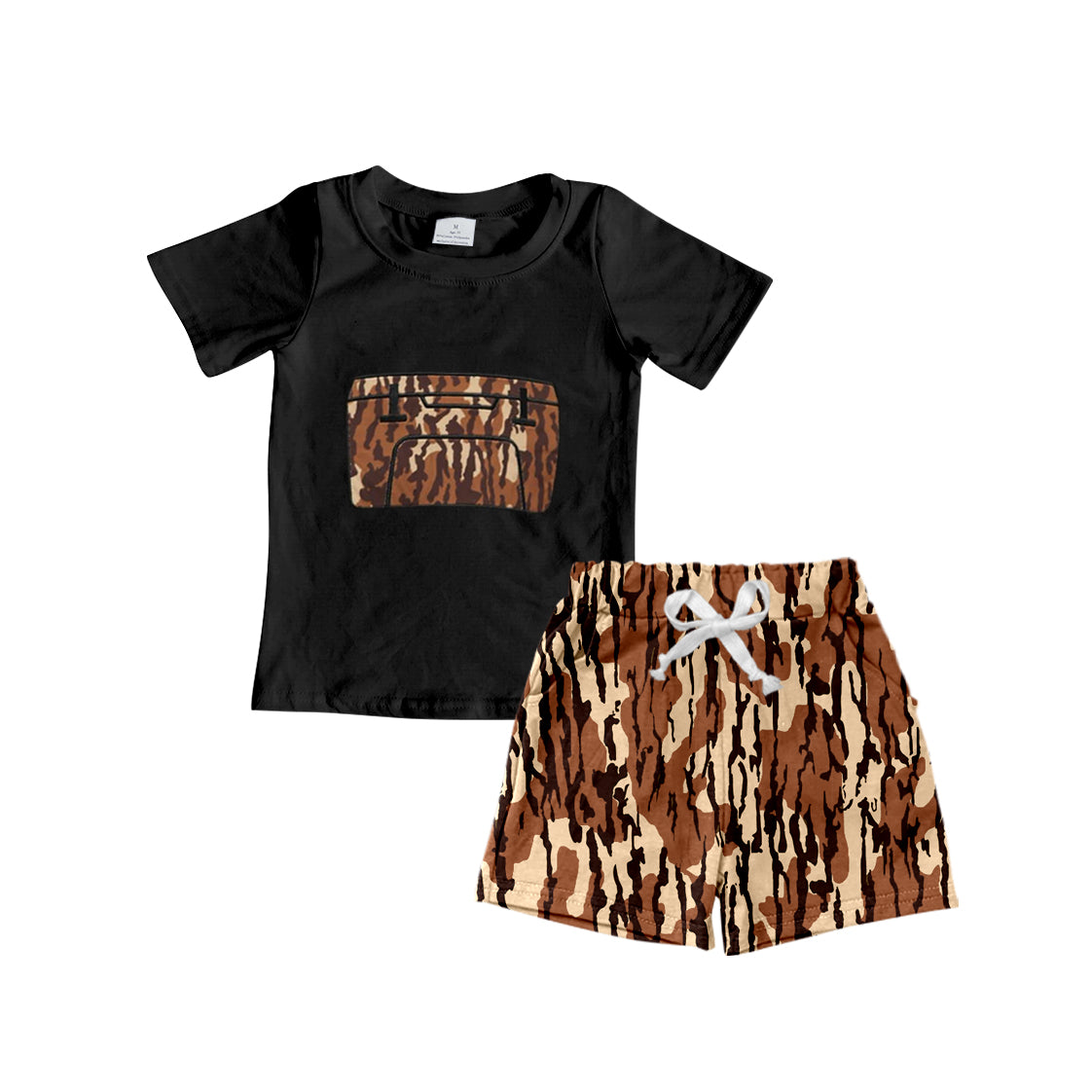 (Pre-order)BSSO1309 Box Black Top Brown Camo Shorts Boys Summer Clothes Set