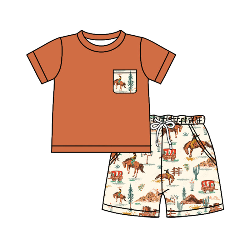 (Pre-order)BSSO1320 Brown Pocket Top Cowboy Shorts Boys Summer Clothes Set