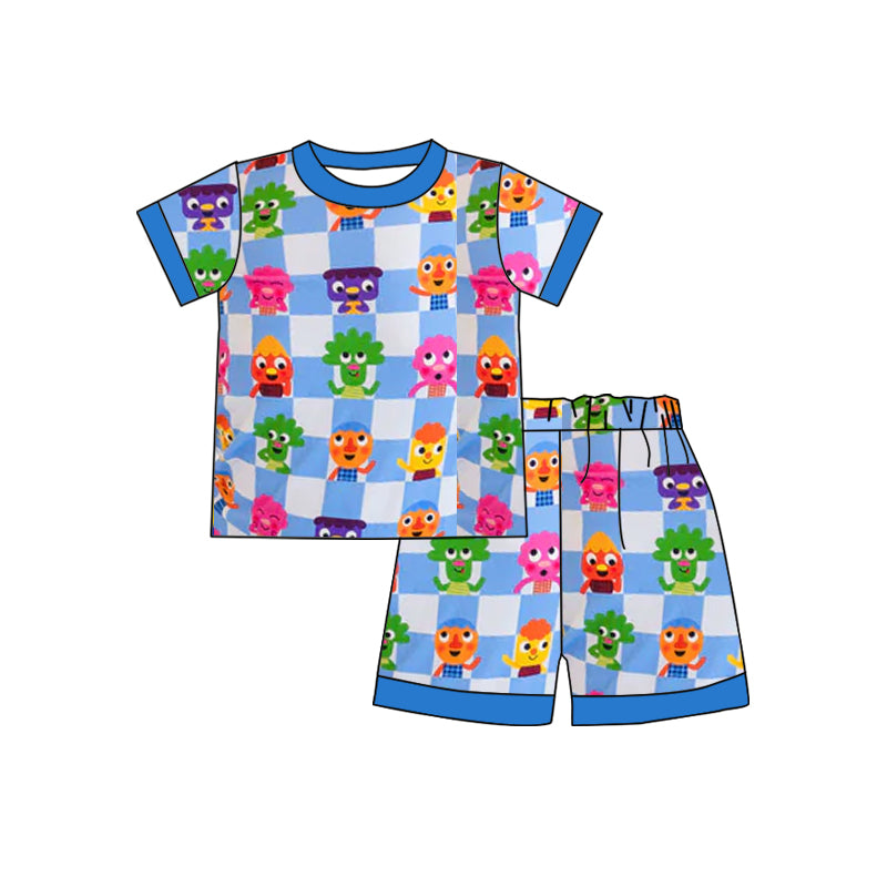 (Pre-order)BSSO1325 Cartoon Figure Plaid Print Shorts Boys Summer Pajamas Clothes Set