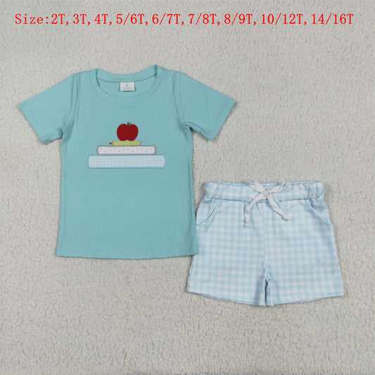 BSSO1329  Book Apple Embroidery Blue Top Plaid Shorts Boys Back to School Clothes Set